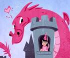 Princesa en su castillo observada por un gran dragón