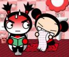 Garu en el lavabo enrojecido por la presencia de Pucca