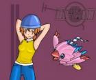 Sora jugando con su digimon Biyomon o Piyomon. Sora Takenouchi es la más responsable y madura del grupo