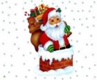 Santa Claus entrando por la chimenea cargado con muchos regalos