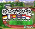 Varios pandas de Panfu con camisetas de algunas selecciones nacionales