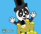 Panda muy contento observando muchas monedas de Panfu