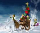 Duendes ayudando a Papá Noel a repartir los regalos de Navidad