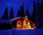Casa con un gran árbol de Navidad adornado en el jardín
