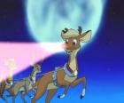 El reno Rodolfo volando al frente de los renos mágicos del trineo de Papá Noel