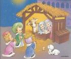 Los Reyes Magos entregando sus ofrendas, oro, incienso y mirra, al Niño Jesús