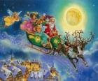 El trineo de Santa Claus volando sobre las casas durante la noche de Navidad