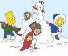 Bart, Lisa y Maggie haciendo un muñeco de nieve