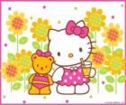 Hello Kitty tomando un refresco en el campo junto a su osito de peluche Tiny Chum 