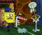 Bob Esponja disfrazado de policía pide un pase a Calamardo