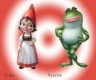 La bella Julieta la hija del líder de los gnomos del Jardín Rojo, junto a su mejor amiga la rana de jardín Nanette
