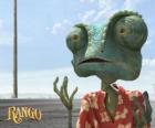 Rango es un camaleón mascota que vive en un terrario y que acaba en el desierto 