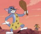 Tom disfrazado de cavernicola con un garrote para aplastar a Jerry
