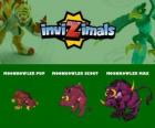Moonhowler en sus tres fases Moonhowler Pup, Moonhowler Scout y Moonhowler Max, de Invizimals