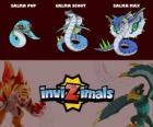 Salma en sus tres fases Salma Pup, Salma Scout y Salma Max, de Invizimals