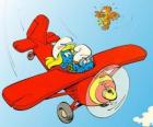 Un Pitufo y Pitufina volando en una avioneta roja