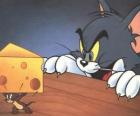 El gato Tom sorprende al ratón Jerry llevándose un trozo de queso