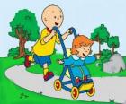 Caillou dando un paseo con su hermana pequeña en el cochecito