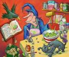 Bruja preparando la pócima mágica con extraños ingredientes