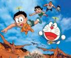 El gato Doraemon con sus amigos Nobita, Shizuka, Suneo y Takeshi