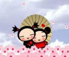Garu y Pucca bajo un paraguas