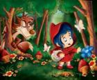 Caperucita Roja en el bosque con el lobo escondido entre los árboles