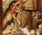 Los siete cabritillos están asustados y corren a esconderse cuando ven al lobo en la puerta