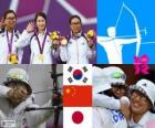 Podio Tiro con arco femenino por equipos, Corea del Sur, China y Japón - Londres 2012 -
