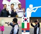 Podio Tiro deportivo, pistola de aire 10m hombres, Jin Jingoh (Corea del Sur), Luca Tesconi (Italia) y Andrija Zlatić (Serbia)