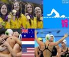 Podio Natación relevo 4 x 100 metros estilo libre femenino, Australia, Estados Unidos y Países Bajos - Londres 2012 -