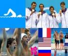 Podio natación 4 X 100 m libre masculino, Francia, Estados Unidos y Rusia - Londres 2012 -