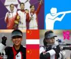 Podio tiro deportivo, rifle de aire 10 m femenino, Yi Siling (China), Sylwia Bogacka (Polonia) y Yu Dan (China)