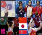 Podio Halterofilia 48 kg femenino, Wang Mingjuan (China), Hiromi Miyake (Japón) y Ryang Chun-Hwa (Corea del Norte) - Londres 2012 -