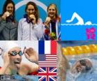 Podio natación 400 m libre femenino, Camille Muffat (Francia), Allison Schmitt (Estados Unidos) y Rebecca Adlington (Reino Unido) - Londres 2012 -