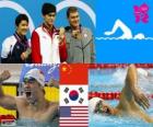 Podio natación 400 metros estilo libre masculino, Sun Yang (China), Park Tae-Hwan (Corea de Sur) y Peter Vanderkaay (Estados Unidos) - Londres 2012 -
