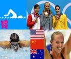 Podio natación 100 metros estilo mariposa femenino, Dana Vollmer (Estados Unidos), Lu Ying (China) y Alicia Coutts (Australia) - Londres 2012 -