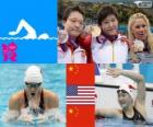 Podio natación 400 metros combinado individual femenino, Ye Shiwen (China), Elizabeth Beisel (Estados Unidos) y Li Xuanxu (China) - Londres 2012