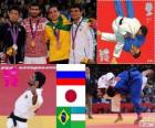 Podio Judo masculino - 60 kg, Arsen Galstian (Rusia), Hiroaki Hiraoka (Japón) y Felipe Kitadai (Brasil), Rishod Sobirov (Uzbekistán) - Londres 2012 -