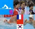 Podio natación 200 metros estilo libre masculino, Yannick Agnel (Francia), Sun Yang (China) y Park Tae-Hwan (Corea del Sur) - Londres 2012 -