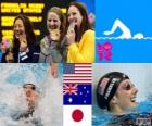 Podio natación 100 metros estilo espalda femenino, Missy Franklin (Estados Unidos), Emily Seebohm (Australia) y Aya Terakawa (Japón) - Londres 2012 -