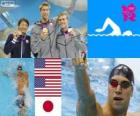 Podio natación 100 metros estilo espalda masculino, Matt Grevers, Nick Thoman (Estados Unidos) y Ryosuke Irie (Japón) - Londres 2012 -