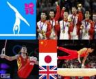 Podio gimnasia artística masculina concurso completo por equipos, China, Japón y Reino Unido - Londres 2012 -
