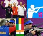 Podio tiro deportivo, rifle de aire 10 m masculino, Alin George Moldoveanu (Rumania), Niccolo Campriani (Italia) y Gagan Narang (India) - Londres 2012 -
