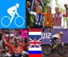 Podio ciclismo en ruta femenino, Marianne Vos (Países Bajos), Elizabeth Armitstead (Reino Unido) y Olga Zabelinskaya (Rusia) - Londres 2012 -