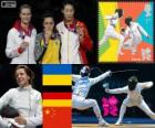 Podio esgrima espada individual femenino, Yana Shemiakina (Ucrania), Britta Heidemann (Alemania) y Sun Yujie (China) - Londres 2012 -