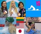 Podio natación 100 metros estilo braza femenino, Rūta Meilutytė (Lituania), Rebecca Soni (Estados Unidos) y Satomi Suzuki (Japón) - Londres 2012 -