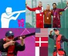 Podio Tiro Skeet masculino, Vincent Hancock (Estados Unidos), Anders Golding (Dinamarca) y Nasser Al-Attiyah (Catar) - Londres 2012-