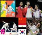 Podio esgrima florete individual masculino, Lei Sheng (China), Abuelkasem Alaaeldi (Egipto) y Choi Byung-Chul (Corea del Sur) - Londres 2012 -
