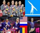 Podio gimnasia artística concurso completo por equipo femenino, Estados Unidos, Rusia y Rumanía - Londres 2012 -