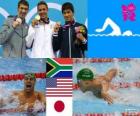 Podio natación 200 metros estilo mariposa masculino, Chad le Clos (Sudáfrica), Michael Phelps (Estados Unidos) y Takeshi Matsuda (Japón) - Londres 2012 -